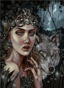 Daimond painting 50x40 cm "Wolfmeisje" ronde steentjes